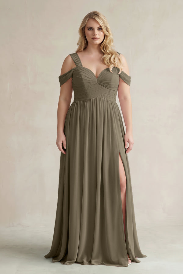 Willow Green Off-the-Shoulder A-Line Chiffon Bridesmaid Dress With Slit | KISSBRIDAL