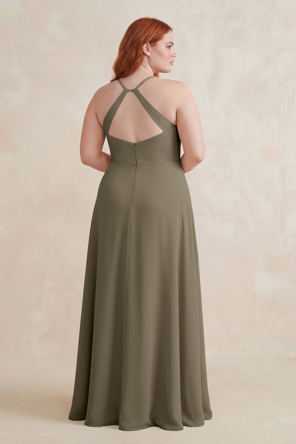 Willow Green Ruched Sheath Chiffon Bridesmaid Dress (2)  [sizeplus]| KISSBRIDAL
