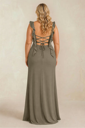 Willow Green Ruffled Sleeve Ruched Sheath Chiffon Bridesmaid Dress (2) [sizeplus] | KISSBRIDAL