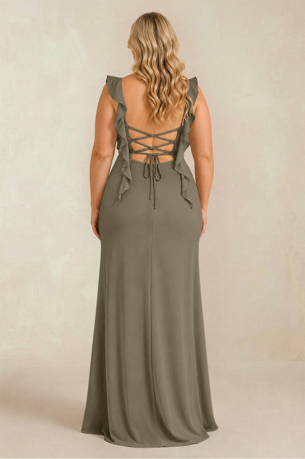 Willow Green Ruffled Sleeve Ruched Sheath Chiffon Bridesmaid Dress (2) [sizeplus] | KISSBRIDAL