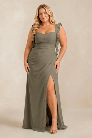 Willow Green Ruffled Sleeve Ruched Sheath Chiffon Bridesmaid Dress [sizeplus] | KISSBRIDAL