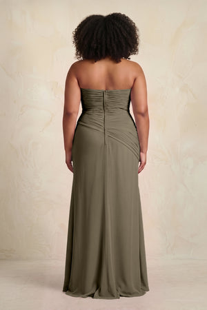 Willow Green Sheath Chiffon Strapless Pleated Bridesmaid Dress (2) | KISSBRIDAL[sizeplus]