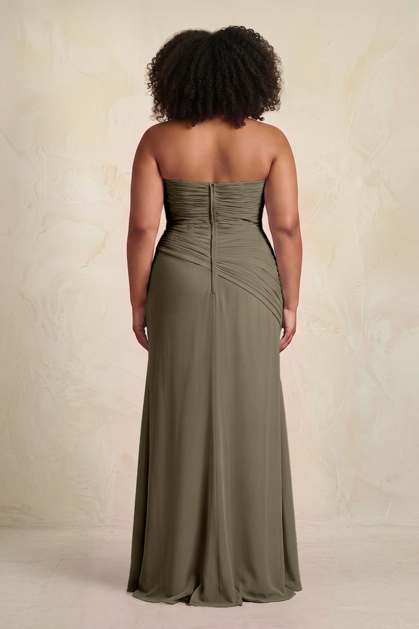 Willow Green Sheath Chiffon Strapless Pleated Bridesmaid Dress (2) | KISSBRIDAL[sizeplus]