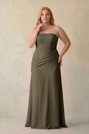 Willow Green Sheath Chiffon Strapless Pleated Bridesmaid Dress (3) | KISSBRIDAL[sizeplus]