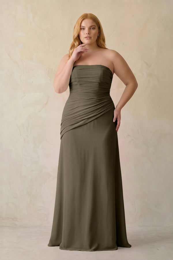 Willow Green Sheath Chiffon Strapless Pleated Bridesmaid Dress (3) | KISSBRIDAL[sizeplus]