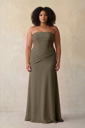 Willow Green Sheath Chiffon Strapless Pleated Bridesmaid Dress | KISSBRIDAL[sizeplus]