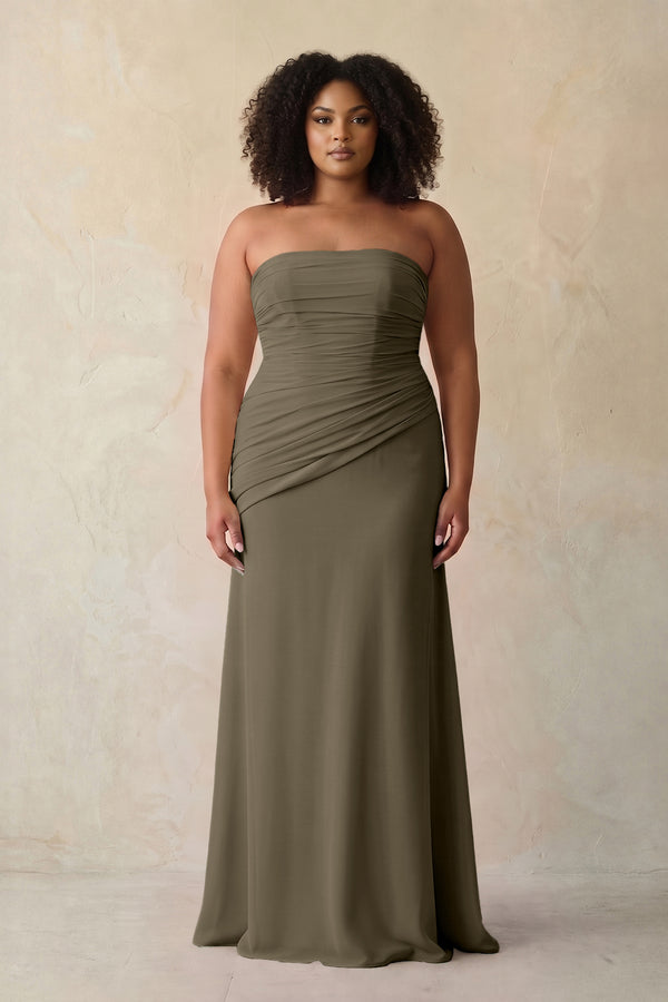 Willow Green Sheath Chiffon Strapless Pleated Bridesmaid Dress | KISSBRIDAL[sizeplus]