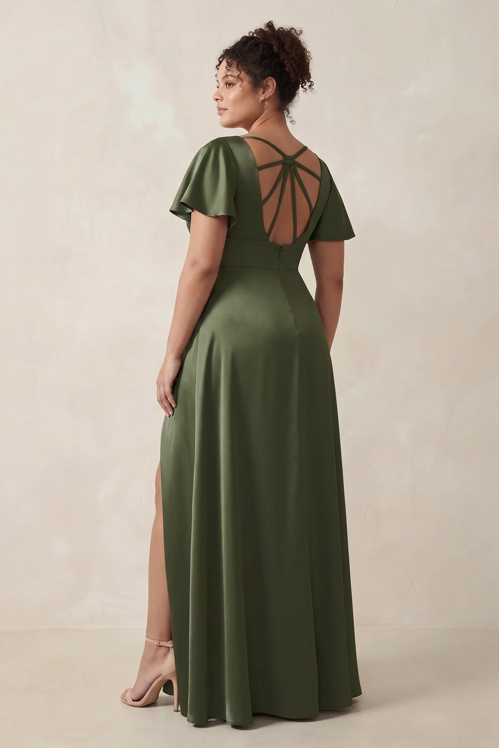 Short Sleeve V-Neck A-Line Satin Bridesmaid Dress With Slit in Willow Green