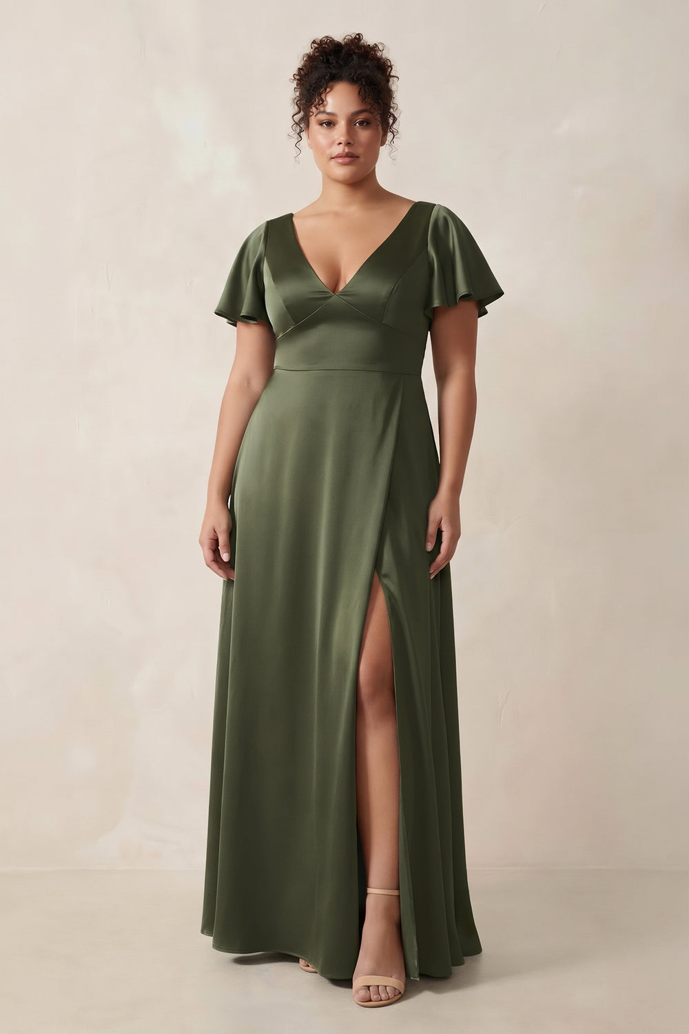 Short Sleeve V-Neck A-Line Satin Bridesmaid Dress With Slit in Willow Green