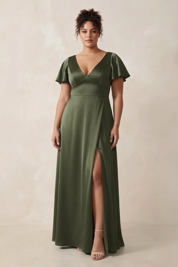 Willow Green Short Sleeve V-Neck A-Line Satin Bridesmaid Dress With Slit [sizeplus] | KISSBRIDAL