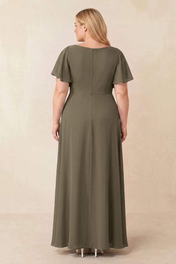 Willow Green Short Sleeves Bateau A-Line Chiffon Bridesmaid Dress (2) [sizeplus] | KISSBRIDAL