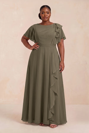 Willow Green Short Sleeves Bateau A-Line Chiffon Bridesmaid Dress (3) [sizeplus] | KISSBRIDAL