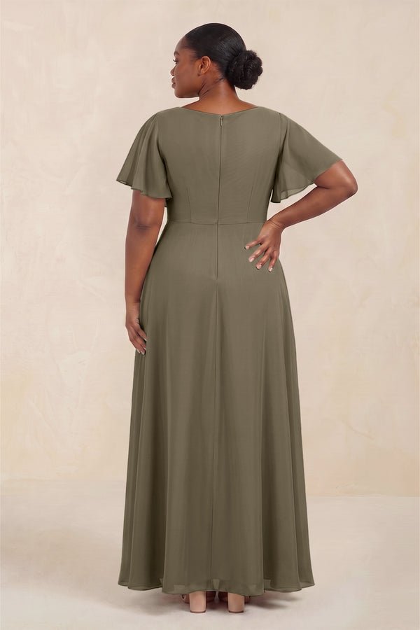 Willow Green Short Sleeves Bateau A-Line Chiffon Bridesmaid Dress (4) [sizeplus] | KISSBRIDAL
