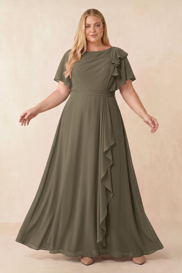 Willow Green Short Sleeves Bateau A-Line Chiffon Bridesmaid Dress [sizeplus] | KISSBRIDAL