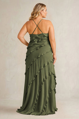 Willow Green Spaghetti Straps Sheath Stain Ruffled Bridesmaid Dress (2) | KISSBRIDAL[sizeplus]