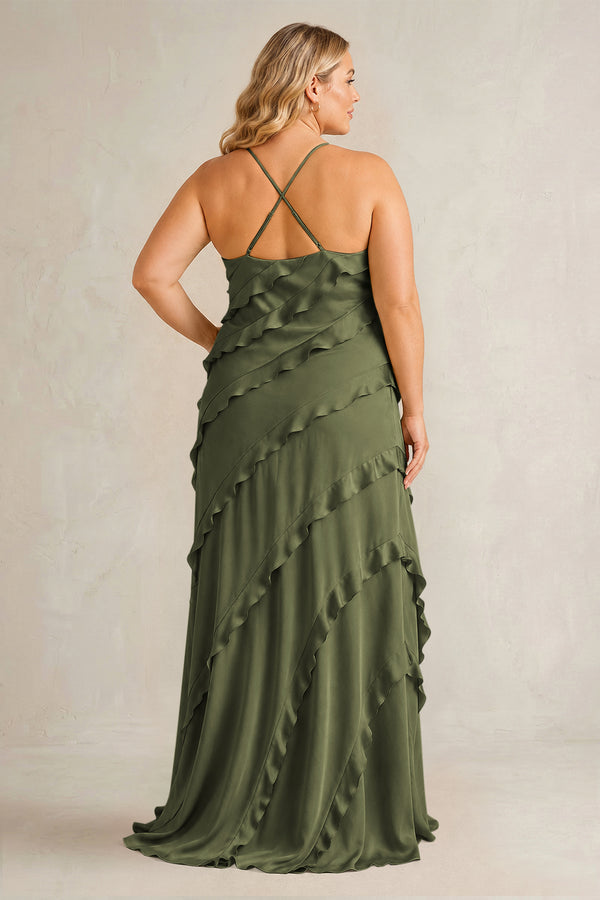 Willow Green Spaghetti Straps Sheath Stain Ruffled Bridesmaid Dress (2) | KISSBRIDAL[sizeplus]