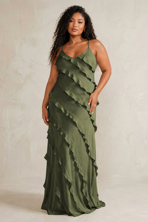 Willow Green Spaghetti Straps Sheath Stain Ruffled Bridesmaid Dress (3) | KISSBRIDAL[sizeplus]