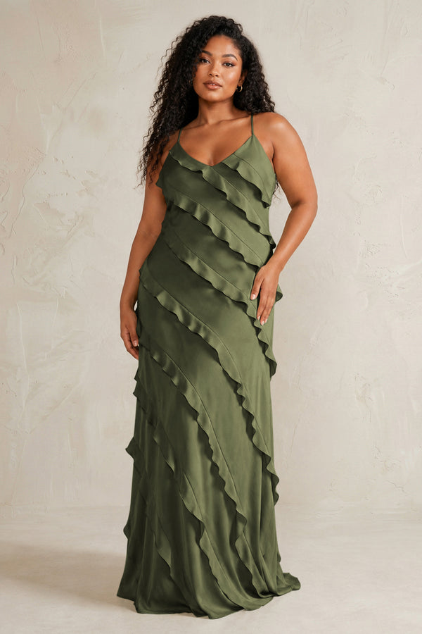 Willow Green Spaghetti Straps Sheath Stain Ruffled Bridesmaid Dress (3) | KISSBRIDAL[sizeplus]