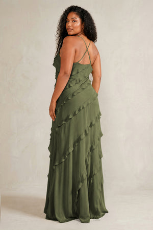 Willow Green Spaghetti Straps Sheath Stain Ruffled Bridesmaid Dress (4) | KISSBRIDAL[sizeplus]