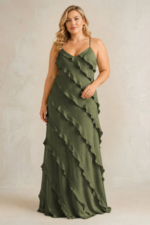 Willow Green Spaghetti Straps Sheath Stain Ruffled Bridesmaid Dress | KISSBRIDAL[sizeplus]