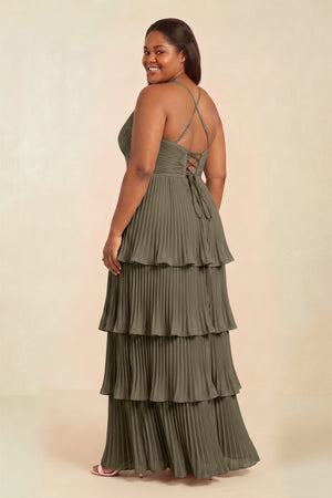 Willow Green Tiered Pleated V-Neck A-Line Chiffon Bridesmaid Dress (2) [sizeplus] | KISSBRIDAL