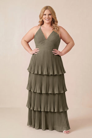Willow Green Tiered Pleated V-Neck A-Line Chiffon Bridesmaid Dress (3) [sizeplus] | KISSBRIDAL