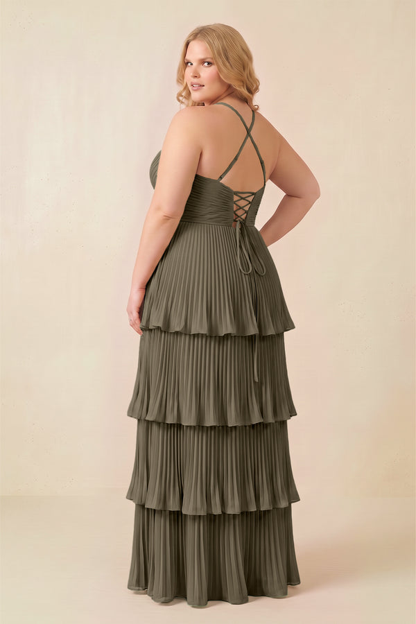 Willow Green Tiered Pleated V-Neck A-Line Chiffon Bridesmaid Dress (4) [sizeplus] | KISSBRIDAL