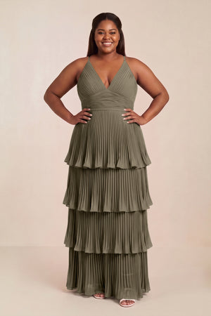 Willow Green Tiered Pleated V-Neck A-Line Chiffon Bridesmaid Dress [sizeplus] | KISSBRIDAL