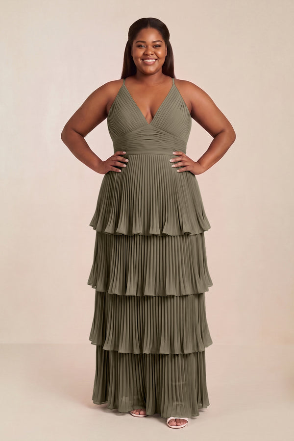 Willow Green Tiered Pleated V-Neck A-Line Chiffon Bridesmaid Dress [sizeplus] | KISSBRIDAL