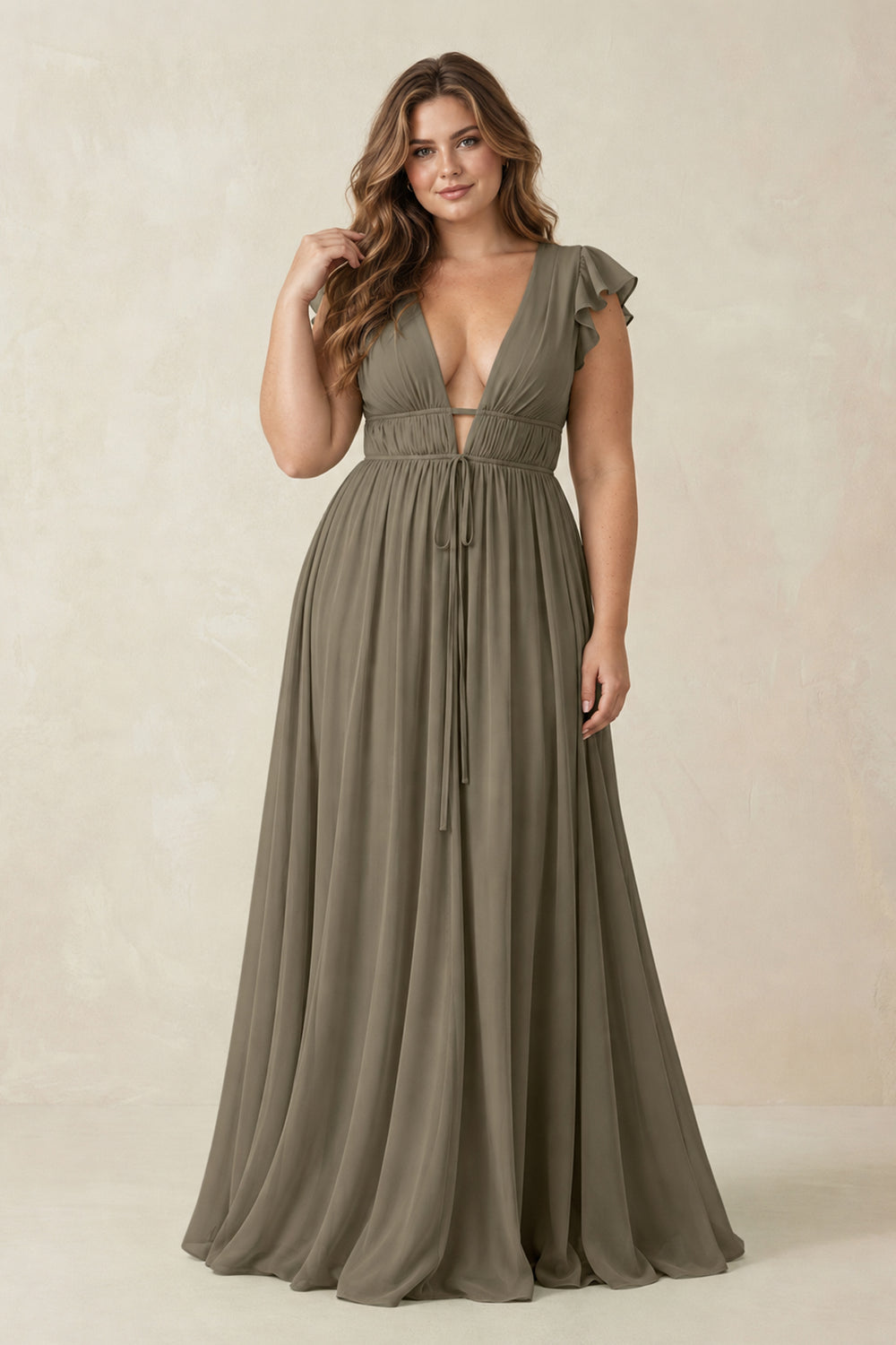 V-Neck A-Line Chiffon Cap Sleeves Bridesmaid Dress in Willow Green