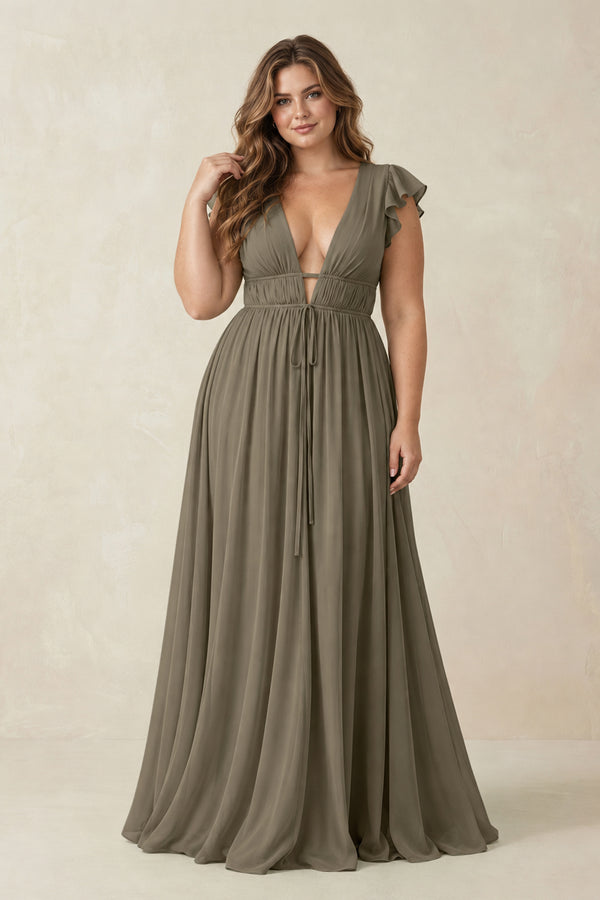 Willow Green V-Neck A-Line Chiffon Cap Sleeves Bridesmaid Dress [sizeplus] | KISSBRIDAL