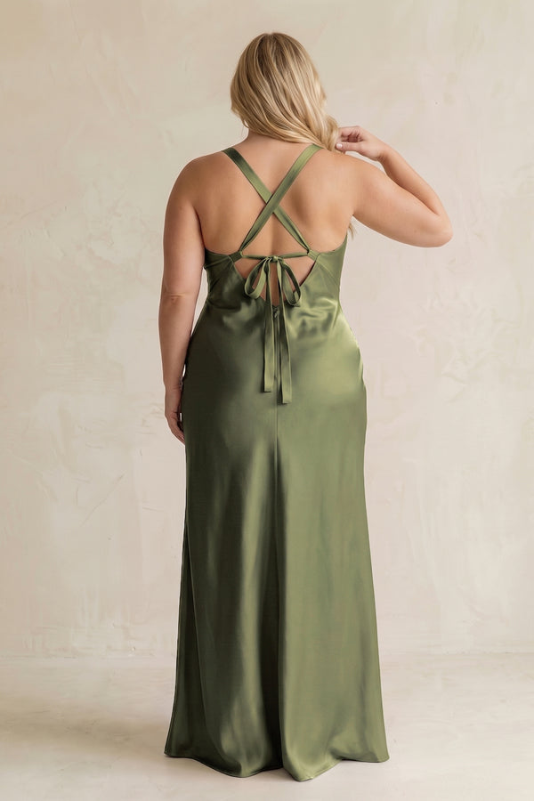 Willow Green V-Neck Sheath Satin Bridesmaid Dress With Slit (2) | KISSBRIDAL