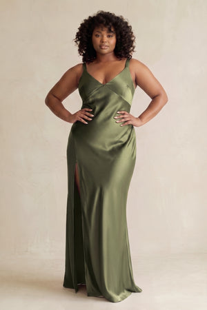Willow Green V-Neck Sheath Satin Bridesmaid Dress With Slit (3) | KISSBRIDAL