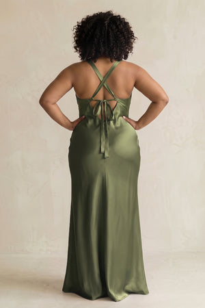 Willow Green V-Neck Sheath Satin Bridesmaid Dress With Slit (4) | KISSBRIDAL