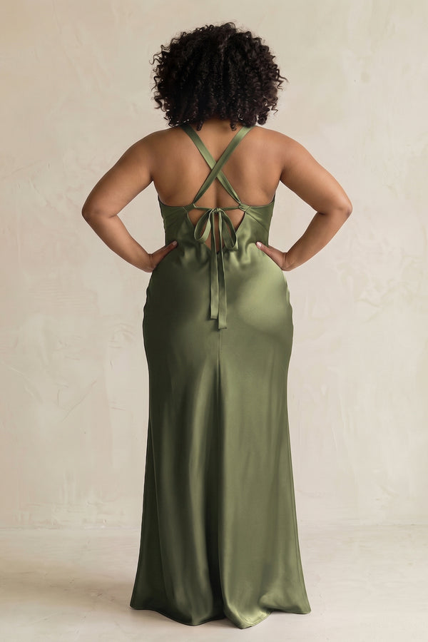 Willow Green V-Neck Sheath Satin Bridesmaid Dress With Slit (4) | KISSBRIDAL