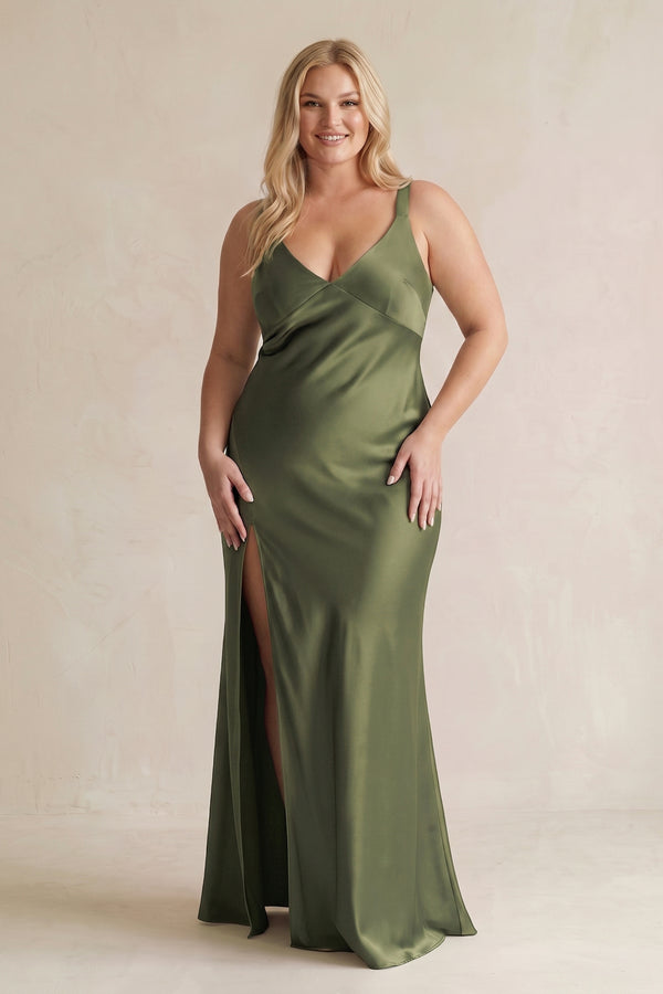 Willow Green V-Neck Sheath Satin Bridesmaid Dress With Slit | KISSBRIDAL