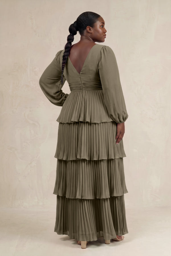 Willow Green V-Neck Tiered A-Line Long Sleeve Bridesmaid Dress (2) [sizeplus] | KISSBRIDAL