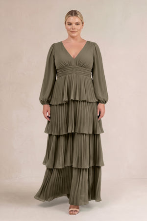 Willow Green V-Neck Tiered A-Line Long Sleeve Bridesmaid Dress (3) [sizeplus] | KISSBRIDAL
