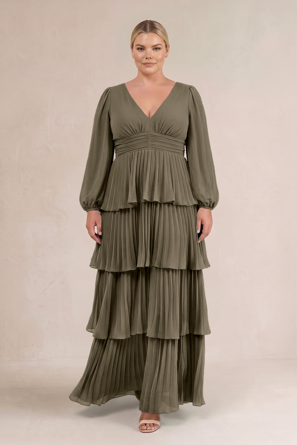 Willow Green V-Neck Tiered A-Line Long Sleeve Bridesmaid Dress (3) [sizeplus] | KISSBRIDAL