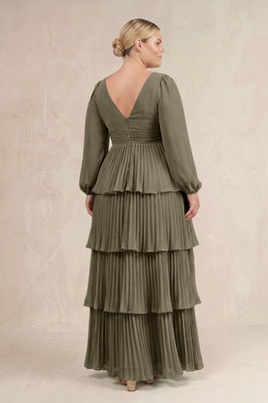 Willow Green V-Neck Tiered A-Line Long Sleeve Bridesmaid Dress (4) [sizeplus] | KISSBRIDAL