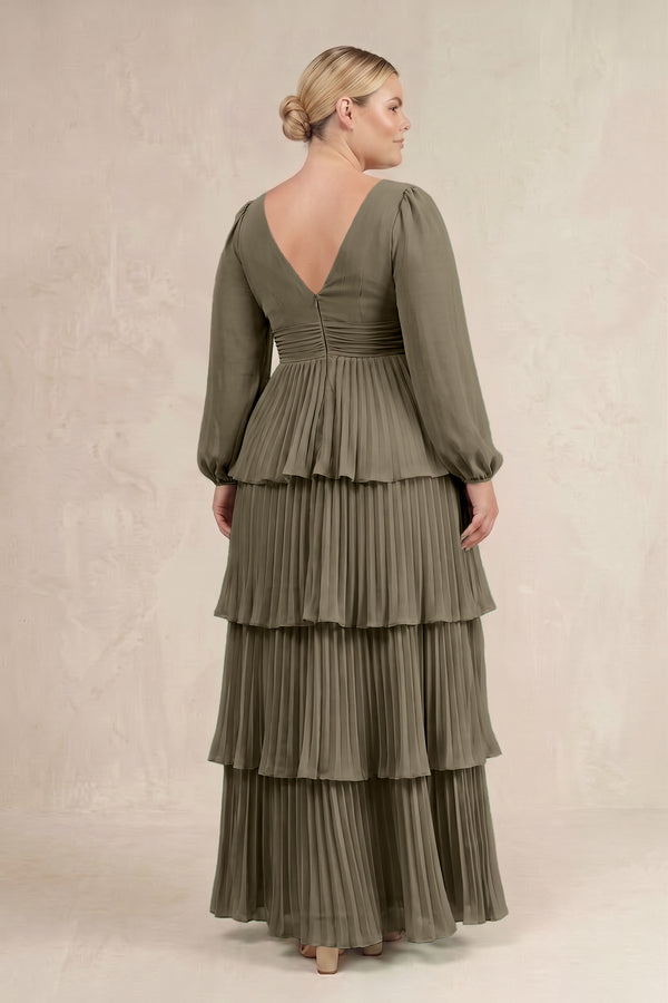 Willow Green V-Neck Tiered A-Line Long Sleeve Bridesmaid Dress (4) [sizeplus] | KISSBRIDAL