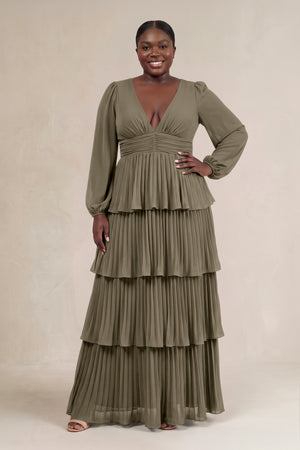 Willow Green V-Neck Tiered A-Line Long Sleeve Bridesmaid Dress [sizeplus] | KISSBRIDAL