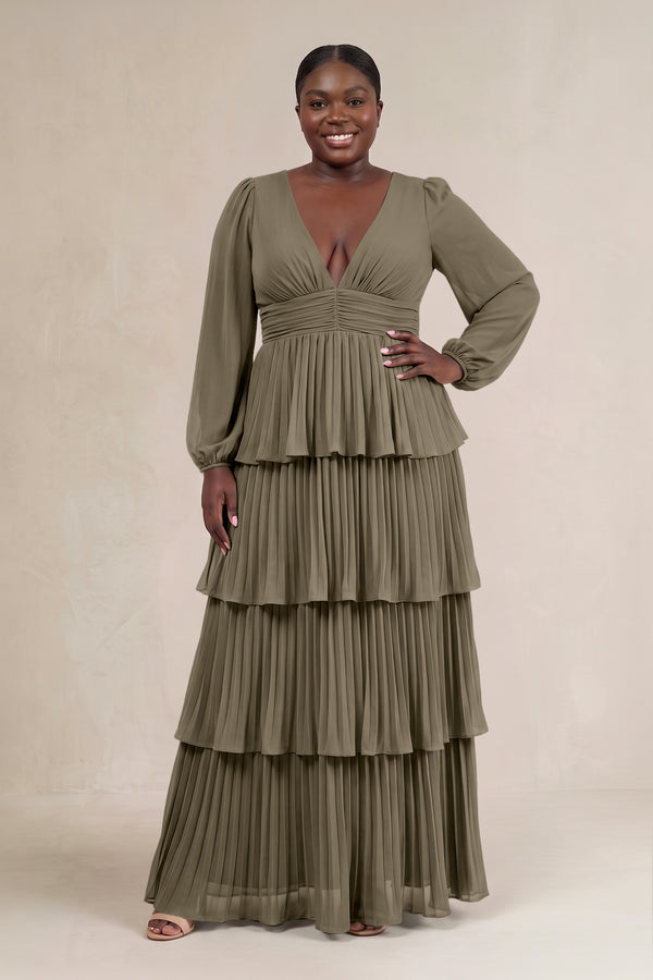 Willow Green V-Neck Tiered A-Line Long Sleeve Bridesmaid Dress [sizeplus] | KISSBRIDAL