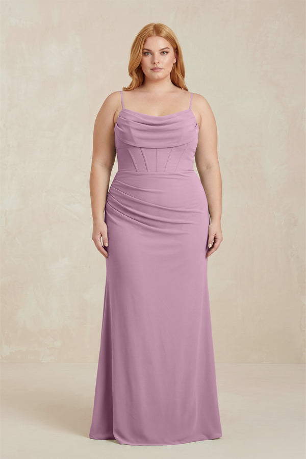 Wisteria Cowl Neck Sheath Chiffon Bridesmaid Dress with Corset  [sizeplus] | KISSBRIDAL
