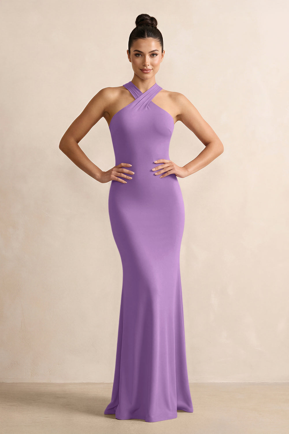 Crisscross Halter Sheath Satin Bridesmaid Dress with Bow in Wisteria