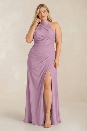 Wisteria High Neck Chiffon Sheath Ruched Bridesmaid Dress [sizeplus] | KISSBRIDAL