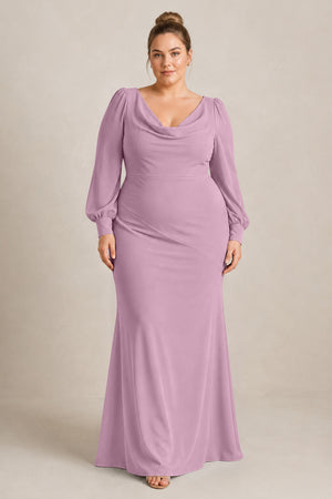 Wisteria Long Sleeve V-Neck Sheath Chiffon Bridesmaid Dress [sizeplus] | KISSBRIDAL