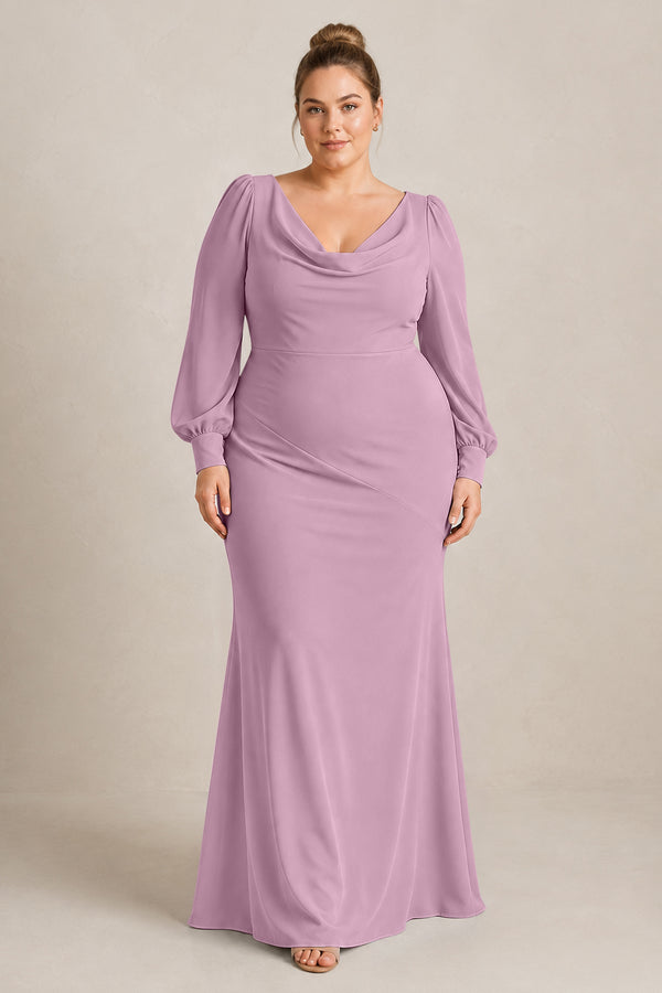 Wisteria Long Sleeve V-Neck Sheath Chiffon Bridesmaid Dress [sizeplus] | KISSBRIDAL