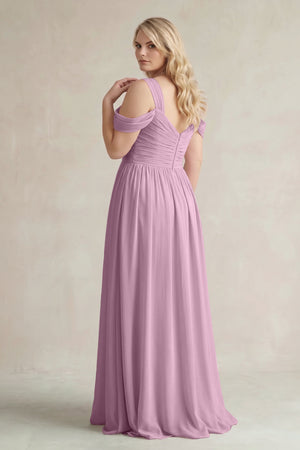 Wisteria Off-the-Shoulder A-Line Chiffon Bridesmaid Dress With Slit (2) | KISSBRIDAL
