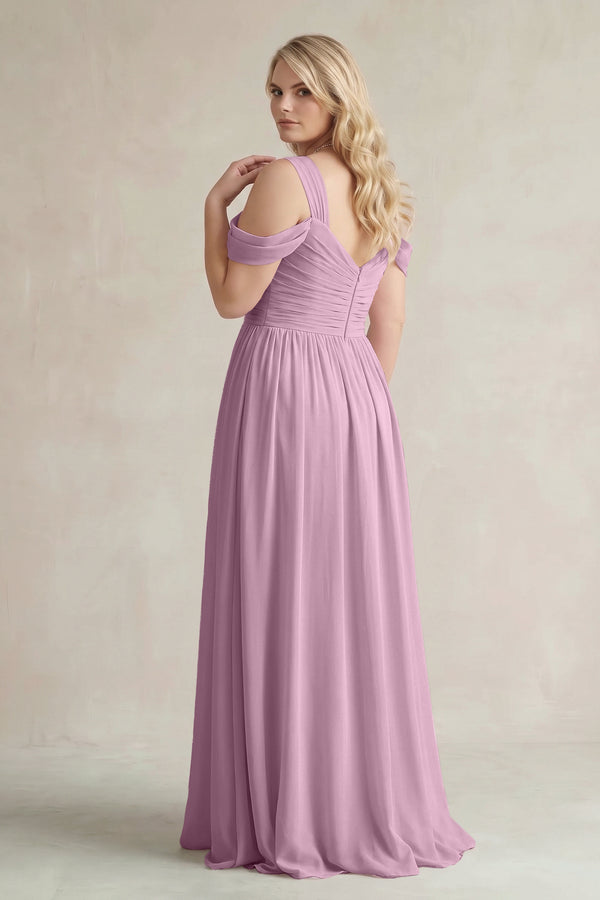 Wisteria Off-the-Shoulder A-Line Chiffon Bridesmaid Dress With Slit (2) | KISSBRIDAL